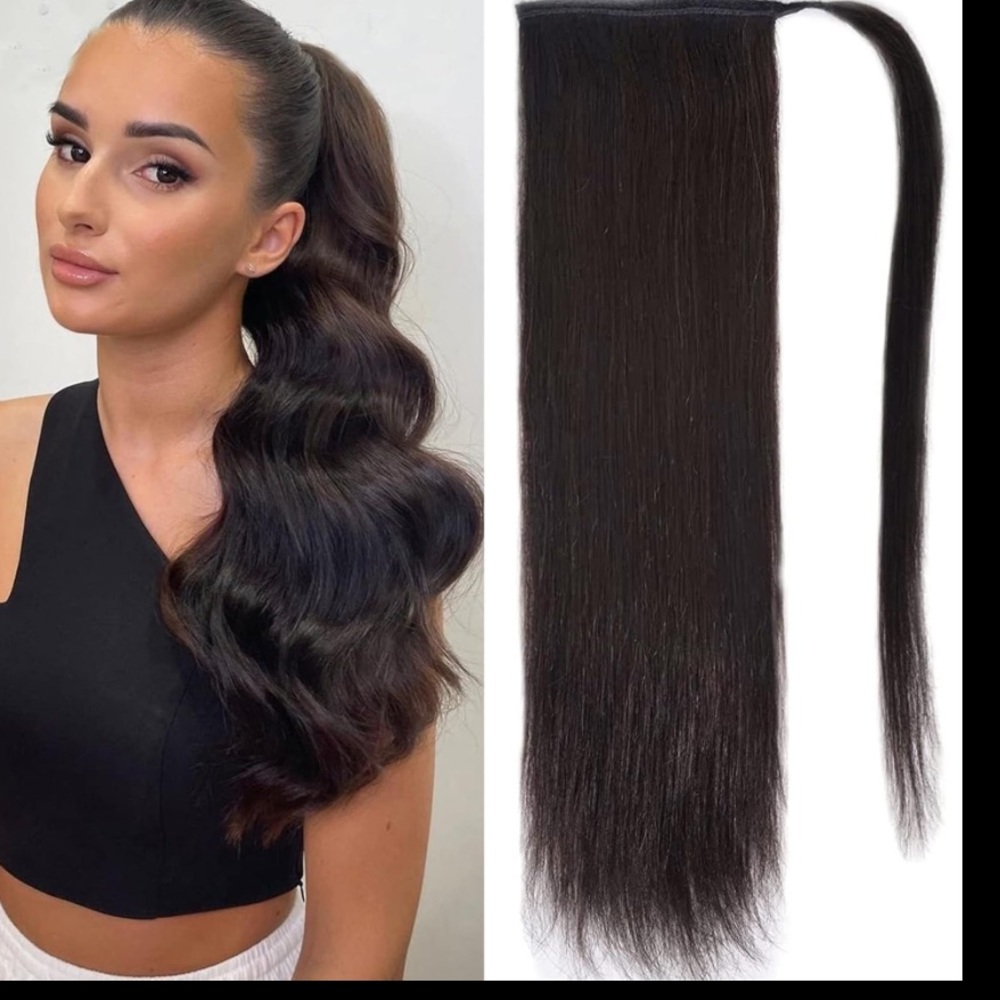 New Ugrace Human Hair Ponytail Extension Clip In 14” 1B Natural Black